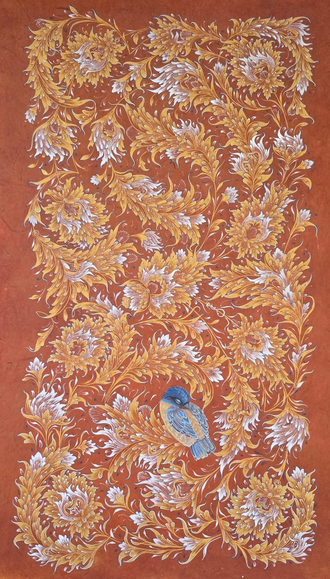 A Nest for the Unreturned, 2026, natural pigment and gold on terracotta-dyed handmade paper, 70 × 40 cm, Nilpar Gallery