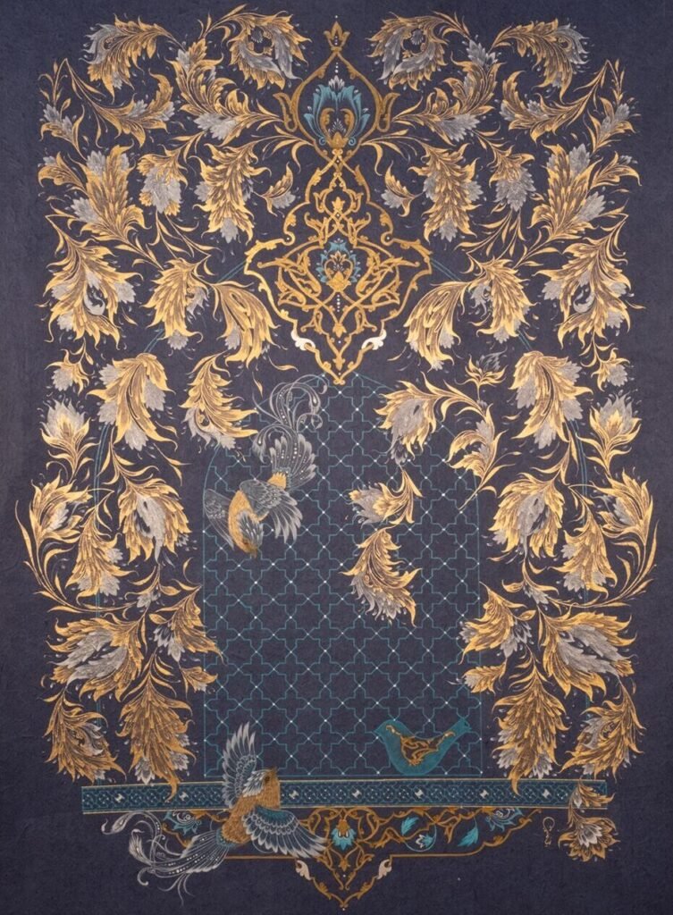 Amen Bird, 2025, gouache and gold on handmade paper, 106 × 80 cm, Nilpar Gallery